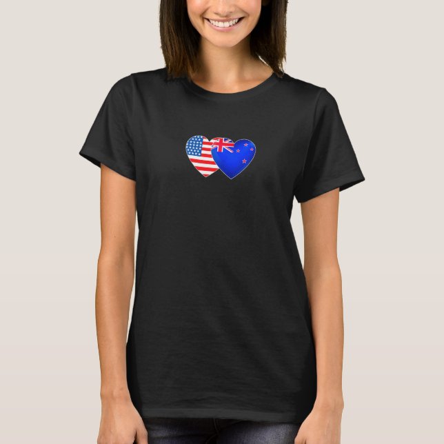 NZ und USA Flag Twin Heart für Neuseeländer Ameri T-Shirt (Vorderseite)