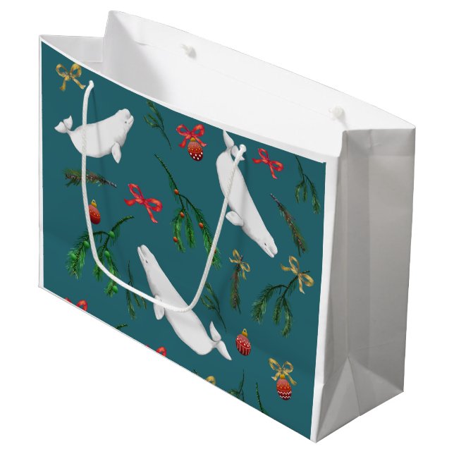O Christmas Beluga Whale Illustration Muster Große Geschenktüte (Vorderseite Schrägansicht)