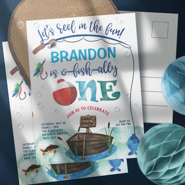 O-Fisch-Ally, Little Fisherman, Angeln 1st Birthda Einladungspostkarte (Boy 1st birthday, Fishing themed. Little Fisherman, o-fish-ally, postcard birthday invitations.)