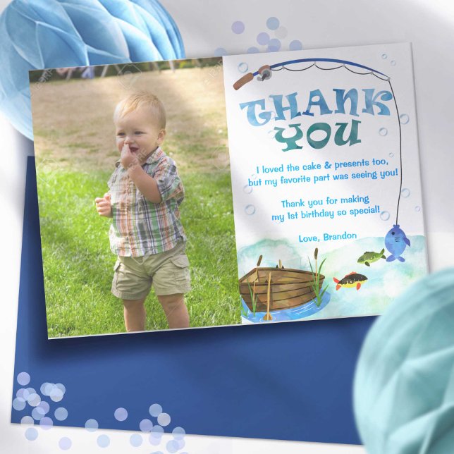 O-Fisch-Geburtstags-Foto danke Karte (Fishing themed, little fisherman, O-fish-ally, boy 1st birthday thank you cards.)