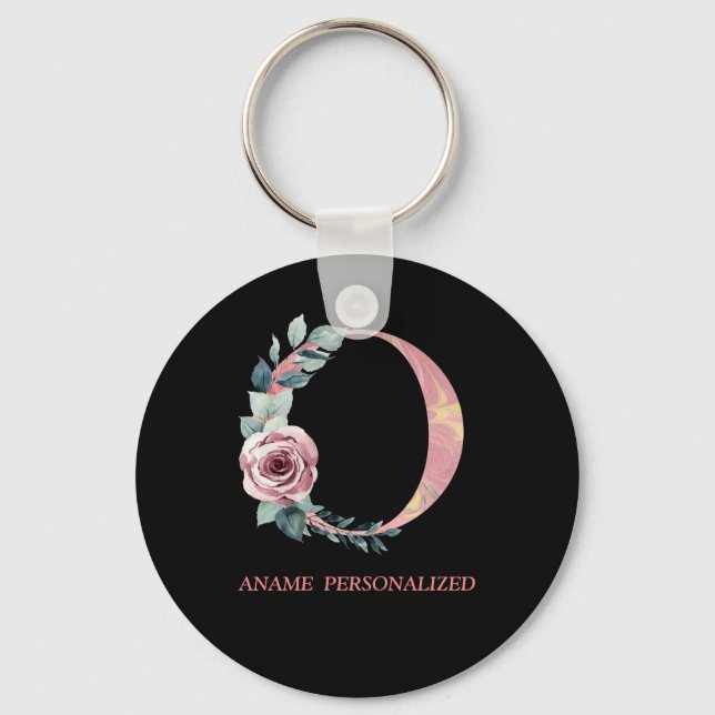 O Floral Monogram Name Letters Pink Agate Schlüsse Schlüsselanhänger (Vorderseite)