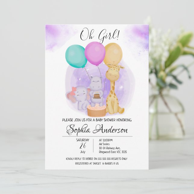 O Girl Elephant Hippo Giraffe Balloons Babydusche Einladung (Stehend Vorderseite)