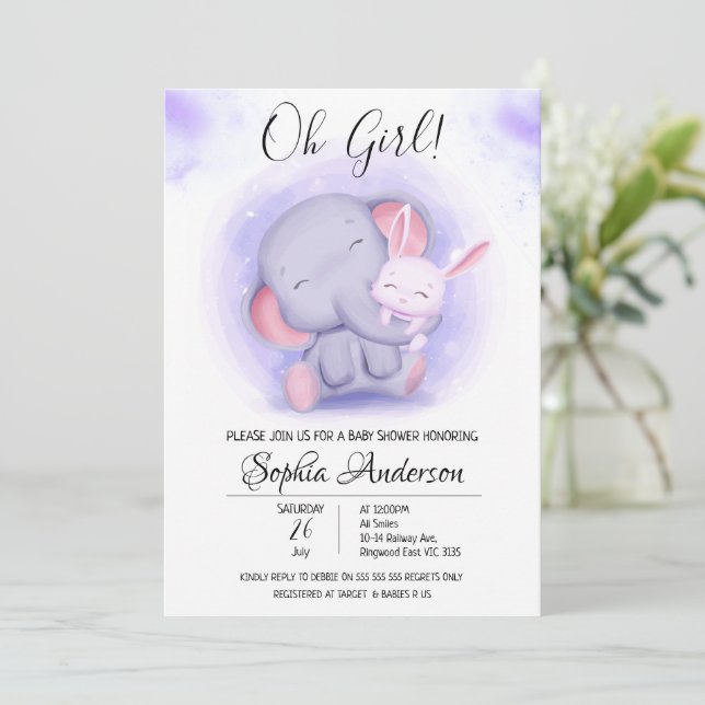 O Girl Rabbit und Elephant Baby Shower Einladung (Stehend Vorderseite)