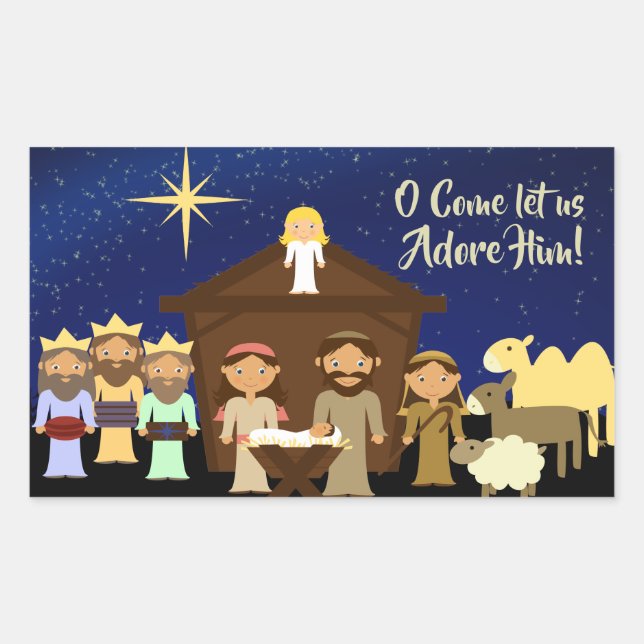 O Lass uns Adore Ihn, Weihnachtskrippe Rechteckiger Aufkleber (Vorderseite)