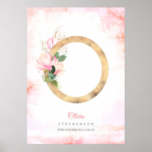 O Letter Monogram Gold Blätter Pink Magnolia Flora Poster