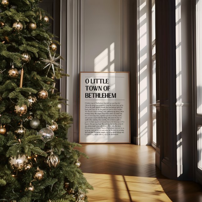O Little Town Christmas Texte Poster (Minimalist O little town lyrics in a neutral modern room with wooden furniture and soft light.)