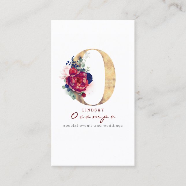 O Monogram Burgundy Gold und Navy Blue Floral Visitenkarte (Vorderseite)