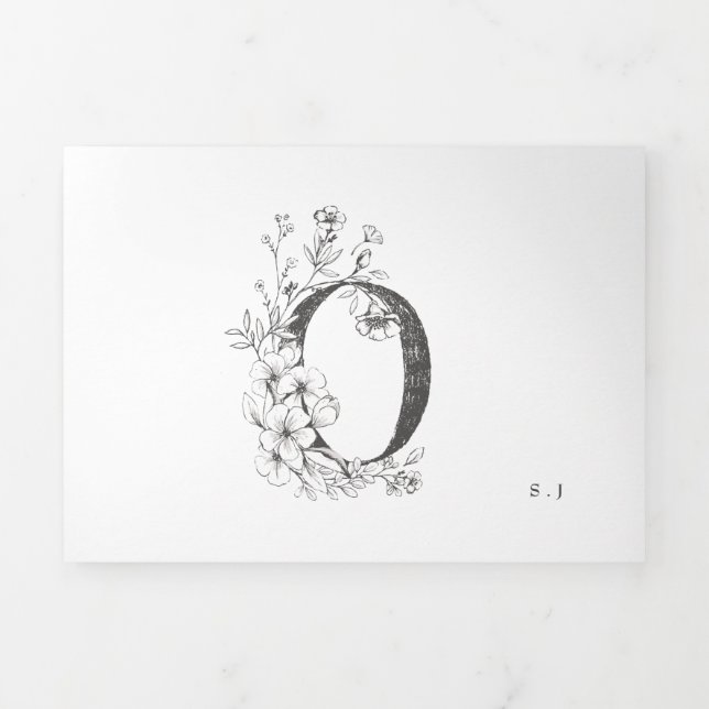 ‚O‘ Monogram Schöne gezeichnete Blumenzehen Dreifach Gefaltete Einladung (Cover)