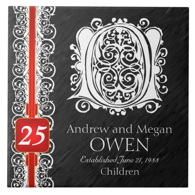 O Monogram "White Lace on Black" Anniversary Tile Fliese (Vorderseite)