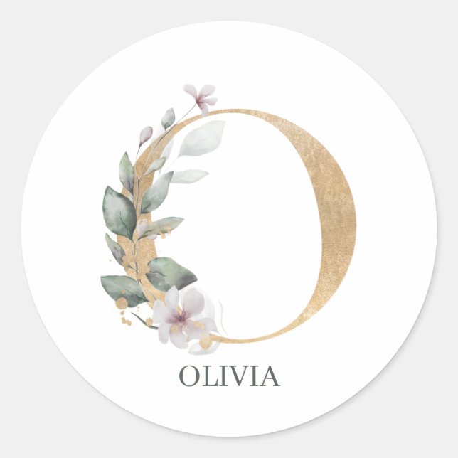 O Monogramm Floral Personalisiert Runder Aufkleber (Vorderseite)