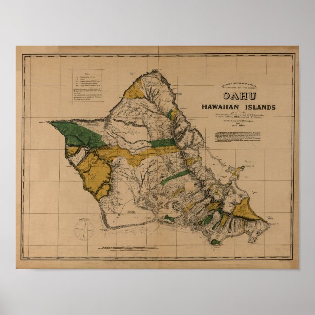 Oahu, 1881, Vintage Hawaii Map Poster (Vorne)