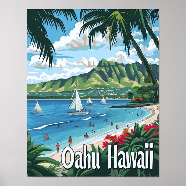 Oahu Hawaii Affiche de voyage Art Imprimer Poster (Devant)