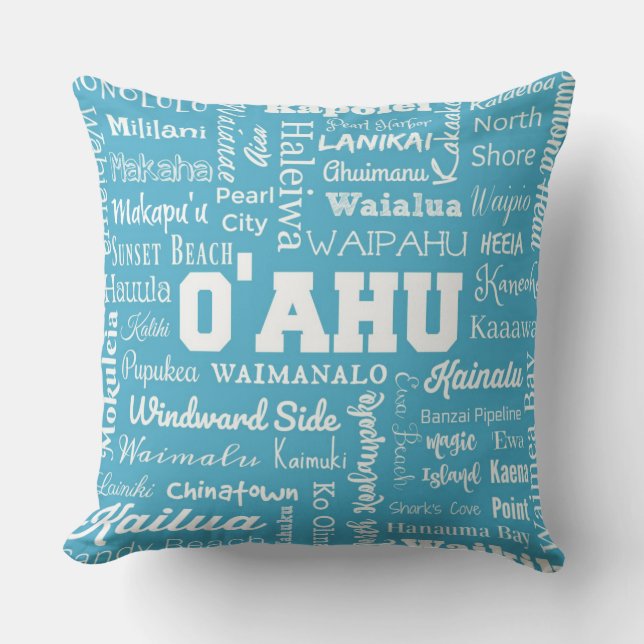 O'ahu Hawaii Stadt-Typografie - Aqua und Weiß Kissen (Vorderseite)