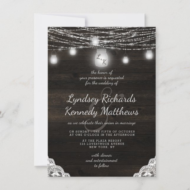 Oak Ridge Rustic Dark Wood & Lace Wedding Einladung (Vorderseite)