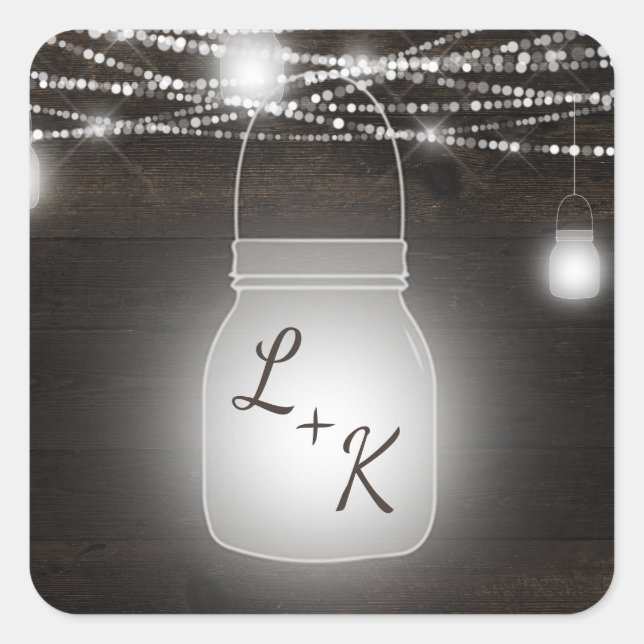 Oak Ridge Rustic Mason Jar Monogram Wedding Quadratischer Aufkleber (Vorderseite)
