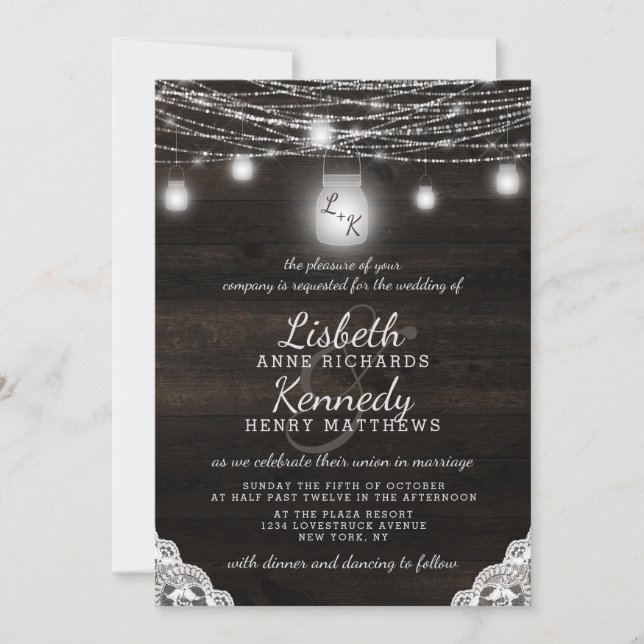 Oak Ridge Rustic Mason Jars & String Light Wedding Einladung (Vorderseite)