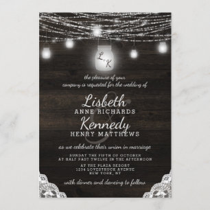 Oak Ridge Rustic Mason Jars & String Light Wedding Einladung