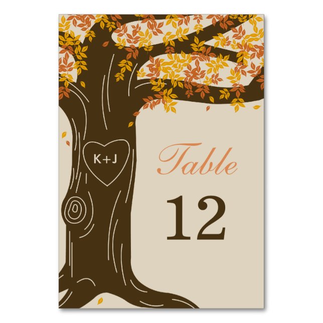 Oak Tree Hochzeit im Herbst Tischnummer Card (Vorderseite)