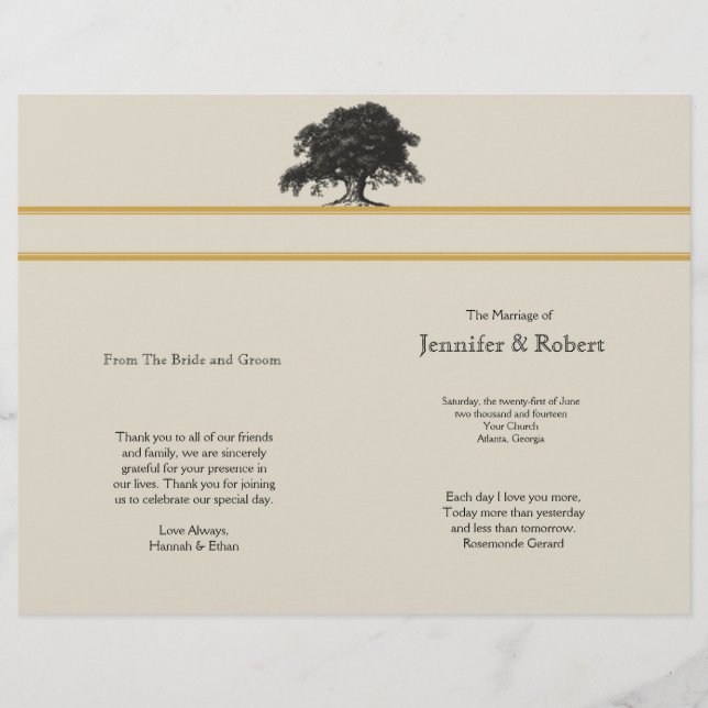 Oak Tree Plantation in Gold Wedding Program (Vorderseite)