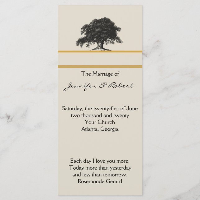 Oak Tree Plantation in Gold Wedding Program Programm (Vorderseite)