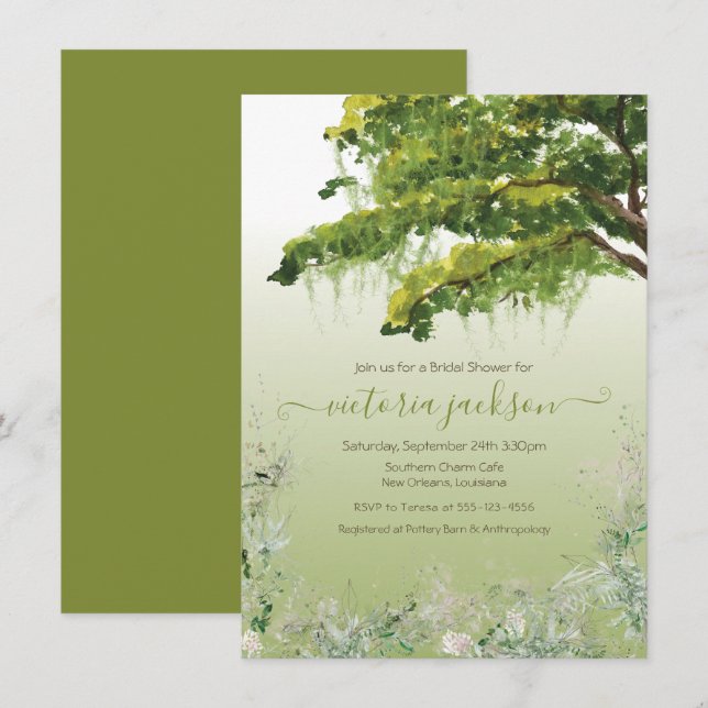 Oak Tree Spanish Moss Floral Southern Charm Invita Einladung (Vorne/Hinten)