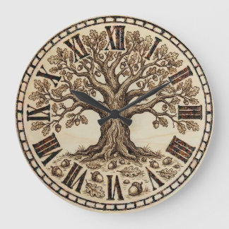 Oak Tree Wall Clock – Wood-Burned Rustic Style Große Wanduhr