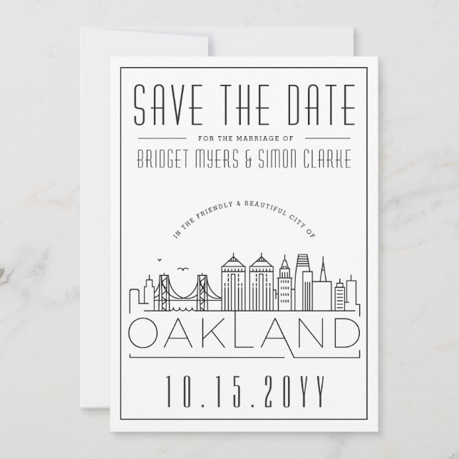 Oakland Wedding Stylized Skyline Save the Date Einladung (Vorderseite)