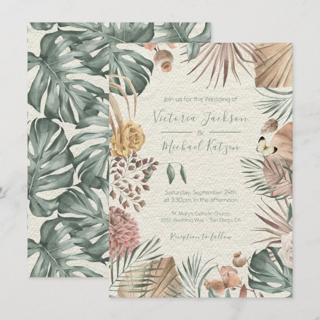 Oasis tropicale Moderne Faire-part de mariage feui (Devant / Derrière)