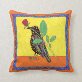 Oaxacan Crow & Rote Rose Mexikanische Volkskunst Kissen