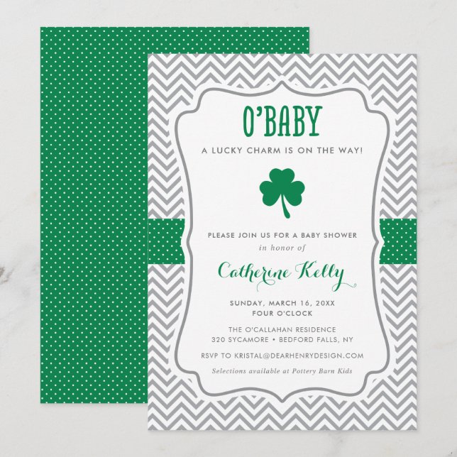 O'Baby Lucky Charm Kleeblatt Babydusche Einladung (Vorne/Hinten)