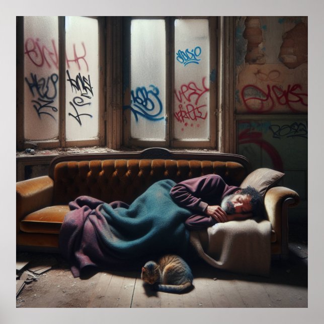 Obdachlose schlafen im verlassenen Gebäude Poster (Vorne)