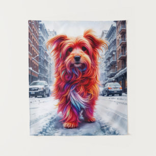 Obdachloser Hund im kalten schneebedeckten urbanen Wandteppich