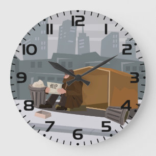 Obdachloser Mann mit Hilfeschild Stadtarmut Große Wanduhr