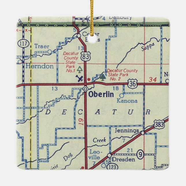 Oberlin Kansas Vintag Map Keramikornament (Rückseite)