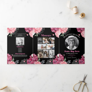 Obituary Celebration Life Foto Pink Floral Dreifach Gefaltete Einladung