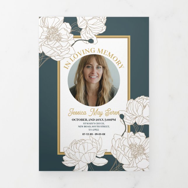Obituary Celebration of Life Foto Blume Green Dreifach Gefaltete Einladung (Cover)
