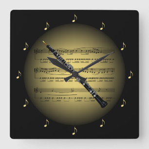 Oboe 3-D Goldkugel ~ Noten ~ Schwarzes BG ~ * ~ Quadratische Wanduhr