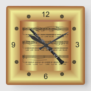 ~ Oboe ~ Kurveste Noten ~ Gold Background ~ Quadratische Wanduhr