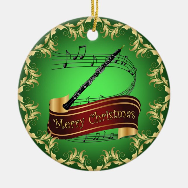 Oboe ~ Musical Scroll ~ Frohe Weihnachten ~ * ~ Keramik Ornament (Vorne)