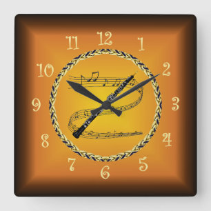 Oboe on Musical Scroll & Russet Orange ~ Quadratische Wanduhr