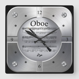 Oboe ~ Sheet Music ~ Brushed Silver Color ~ Quadratische Wanduhr