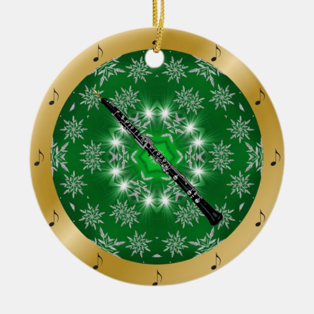 Oboe ~ Silver ~ Green ~ Gold ~ Weihnachten ~ Keramik Ornament (Vorne)