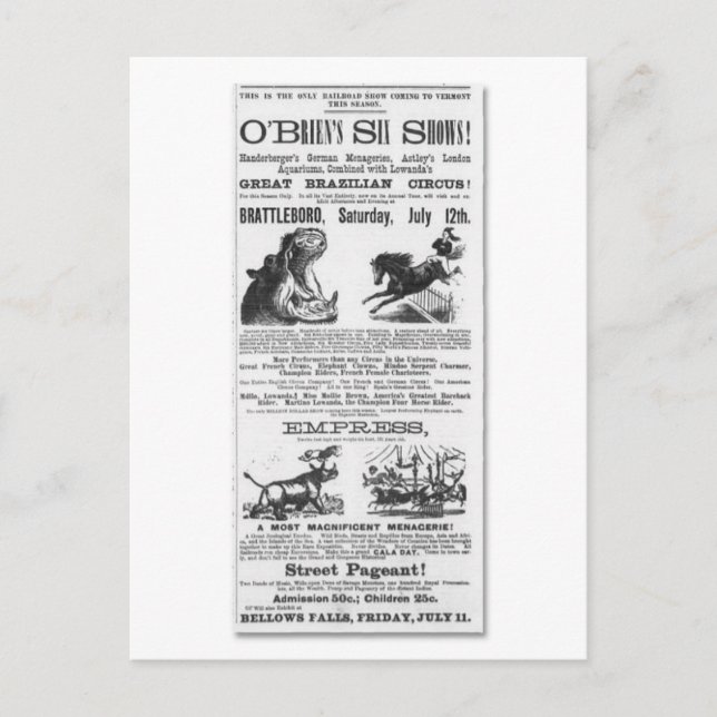 O'Brians sechs Shows Circus-Werbung Postkarte (Vorderseite)