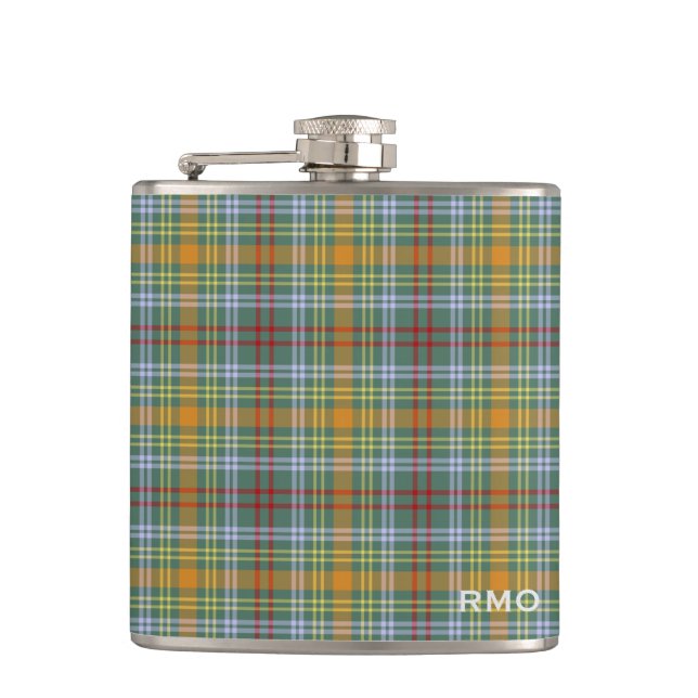 O'Brien Tartan Monogram Green und Orange Kariert Flachmann (Vorderseite)