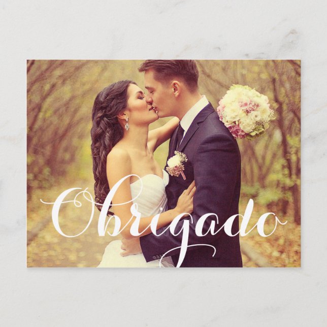 Obrigado Elegantes White Script Hochzeit Foto Postkarte (Vorderseite)
