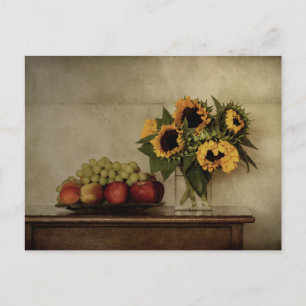 Obst auf Tafel, Sonnenblumen Bouquet Stillleben Postkarte