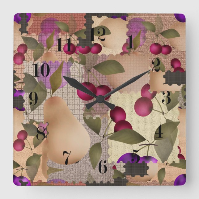 Obst, Flickwerk Quadratische Wanduhr (Vorderseite)