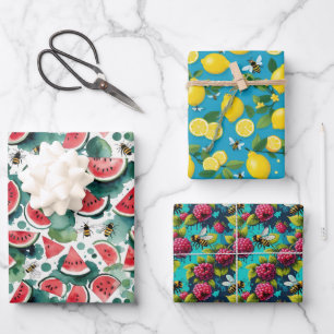 Obst und Bienen Wassermelonen Zitronen und Rasberr Geschenkpapier Set