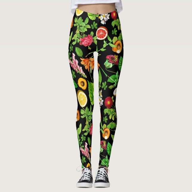 Obst- und Blätter-Muster auf schwarz Leggings (Vorderseite)