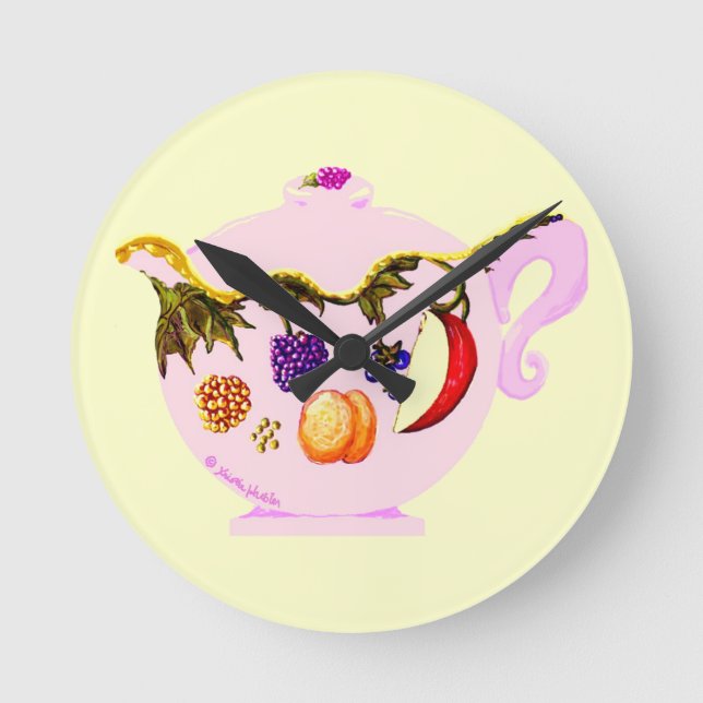 Obst und Blätter Rosa China Teekessel Runde Uhr (Vorderseite)